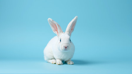 Cute white rabbit on isolated blue backgroundの素材