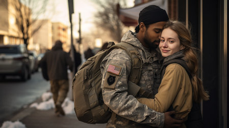 Soldier hugging his beloved womanの素材