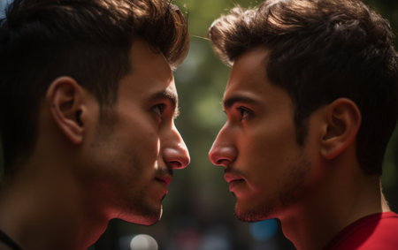 Two guys standing very close to each other, looking into each others eyesの素材