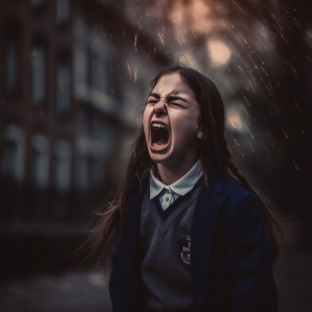 A teenage girl in a school uniform screams loudly from the emotions that overwhelm herの素材