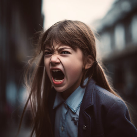 A teenage girl in a school uniform screams loudly from the emotions that overwhelm herの素材