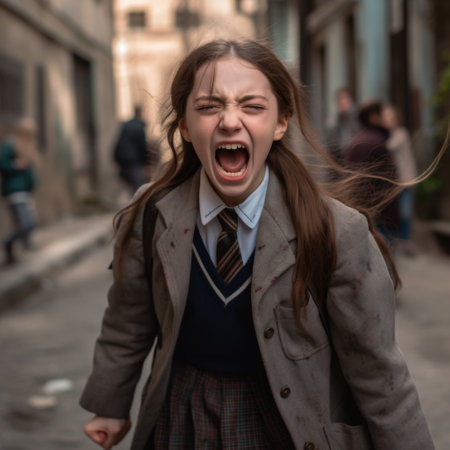 A teenage girl in a school uniform screams loudly from the emotions that overwhelm herの素材