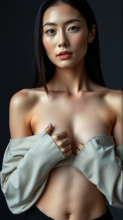 Portrait of beautiful asian woman on isolated dark backgroundの素材