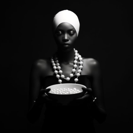 Depiction of a dark-skinned woman wearing a turban on a dark backgroundの素材