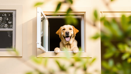 The dog wants to go for a walk. The Labrador is looking at the street from the window of the house. In the yard, there are fresh spring foliage on the trees.の素材