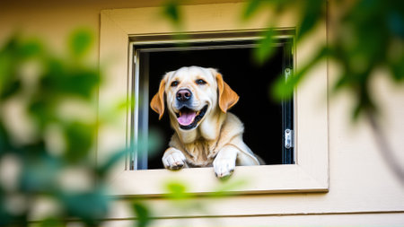 The dog wants to go for a walk. The Labrador is looking at the street from the window of the house. In the yard, there are fresh spring foliage on the trees.の素材