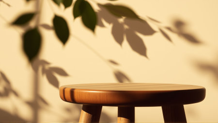 A simple wooden table with a round top filled with a coating that provides sunlight. The delicate shadows of leafy branches play on the textured cream wall in the background.の素材