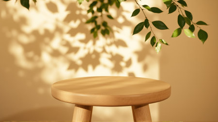 A simple wooden table with a round top filled with a coating that provides sunlight. The delicate shadows of leafy branches play on the textured cream wall in the background.の素材