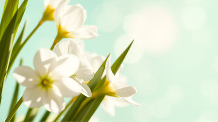 Delicate spring flowers in backlit sunlight, blurred backgroundの素材
