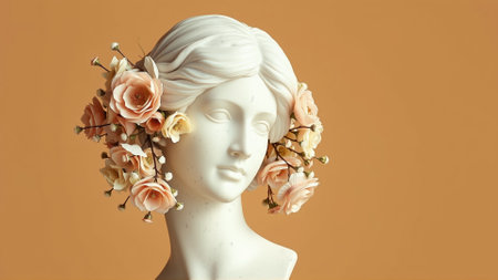 Stone statue covered with spring flowers on isolated backgroundの素材