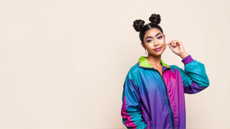 Young girl with bright face makeup on pink background. Girl dressed in a vintage sports windbreakerの素材
