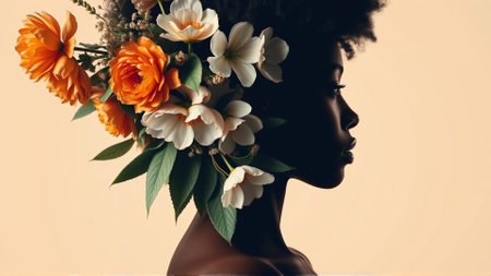 The womans face profile is covered in bright colorsの素材