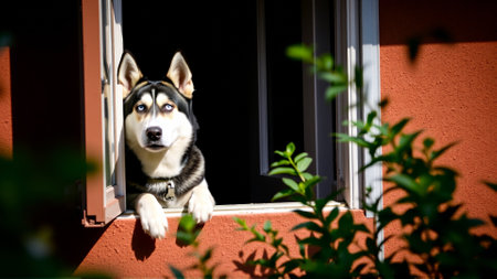 The dog wants to go for a walk. The Siberian Husky is looking at the street from the window of the house. In the yard, there are fresh spring foliage on the trees.の素材