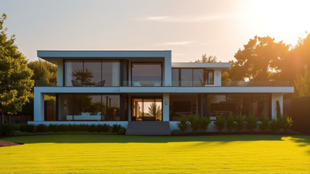 The modern individual residential house is surrounded by a well-groomed beautiful lawnの素材