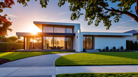 The modern individual residential house is surrounded by a well-groomed beautiful lawnの素材