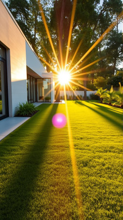 The modern individual residential house is surrounded by a well-groomed beautiful lawnの素材