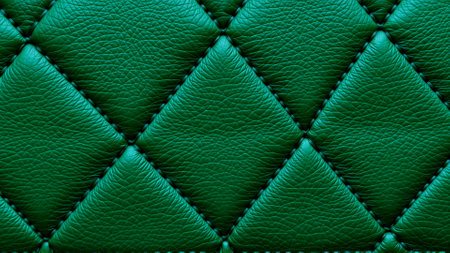 Green artificial leather surface texture, stitched in the form of rhombuses, squares, rectangles. Quilted eco-leather.の素材