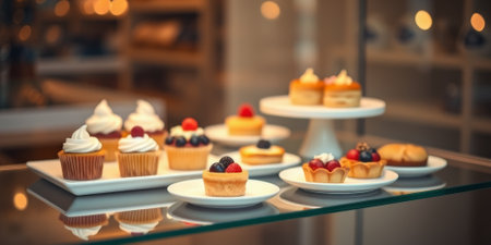 Glass display case with cakes in a confectionery storeの素材