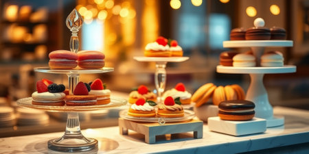 Glass display case with cakes in a confectionery storeの素材
