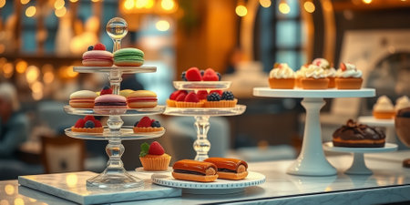 Glass display case with cakes in a confectionery storeの素材