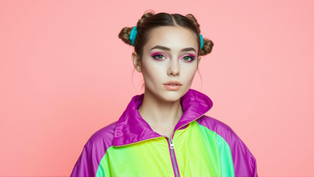 Young girl with bright face makeup on pink background. Girl dressed in a vintage sports windbreakerの素材