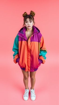 Young girl with bright face makeup on pink background. Girl dressed in a vintage sports windbreakerの素材