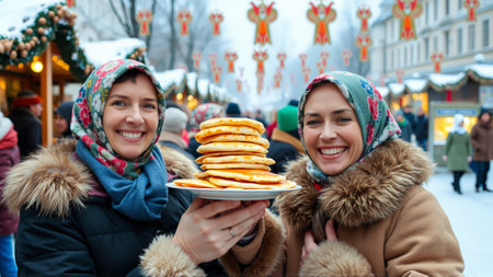 Women are dressed in traditional winter clothes. Women are smiling happily, holding plates of hot cakes in their handsの素材