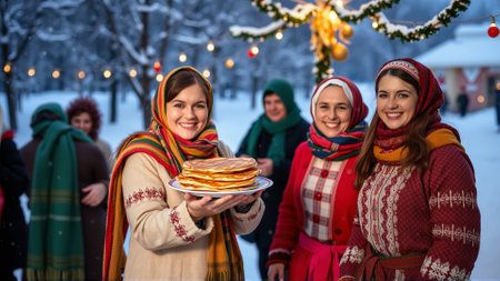 Women are dressed in traditional winter clothes. Women are smiling happily, holding plates of hot cakes in their handsの素材