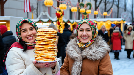 Women are dressed in traditional winter clothes. Women are smiling happily, holding plates of hot cakes in their handsの素材