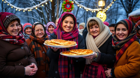 Women are dressed in traditional winter clothes. Women are smiling happily, holding plates of hot cakes in their handsの素材