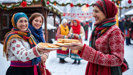 Women are dressed in traditional winter clothes. Women are smiling happily, holding plates of hot cakes in their handsの素材