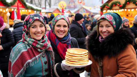 Women are dressed in traditional winter clothes. Women are smiling happily, holding plates of hot cakes in their handsの素材