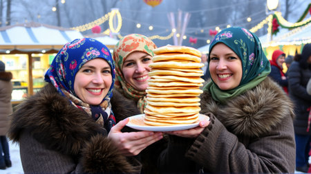 Women are dressed in traditional winter clothes. Women are smiling happily, holding plates of hot cakes in their handsの素材