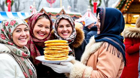 Women are dressed in traditional winter clothes. Women are smiling happily, holding plates of hot cakes in their handsの素材