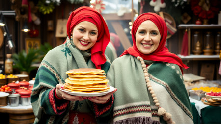 Women are dressed in traditional winter clothes. Women are smiling happily, holding plates of hot cakes in their handsの素材