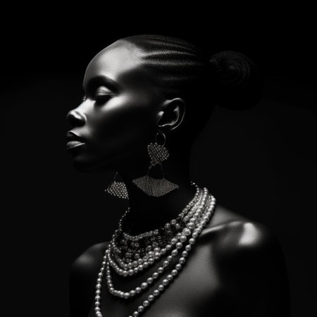 An image of a dark-skinned woman wearing white pearl beads on a dark background.の素材