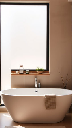 Scandinavian style bathroom interior in light colors. The bathtub is located near the windowの素材