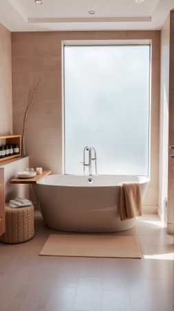 Scandinavian style bathroom interior in light colors. The bathtub is located near the windowの素材