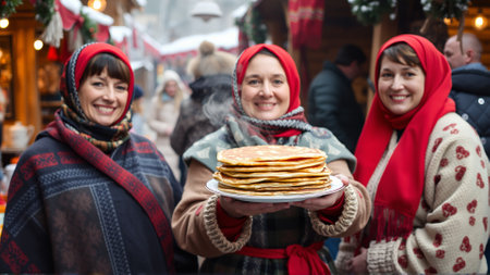 Women are dressed in traditional winter clothes. Women are smiling happily, holding plates of hot cakes in their handsの素材