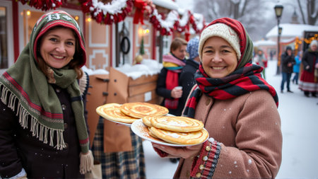Women are dressed in traditional winter clothes. Women are smiling happily, holding plates of hot cakes in their handsの素材