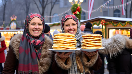 Women are dressed in traditional winter clothes. Women are smiling happily, holding plates of hot cakes in their handsの素材