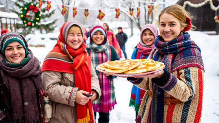 Women are dressed in traditional winter clothes. Women are smiling happily, holding plates of hot cakes in their handsの素材