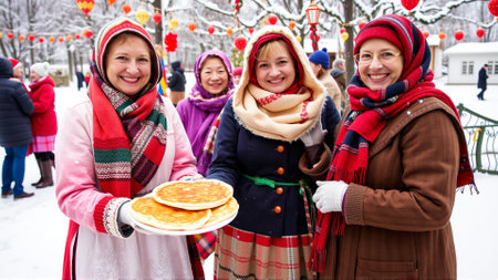 Women are dressed in traditional winter clothes. Women are smiling happily, holding plates of hot cakes in their handsの素材
