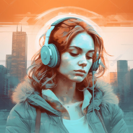 Portrait of a beautiful young woman who listens to music with headphones on the background of the evening cityの素材