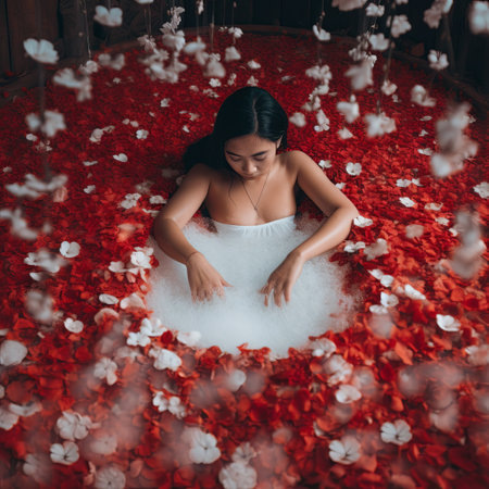 Image of a woman taking a luxurious bath with flower petalsの素材