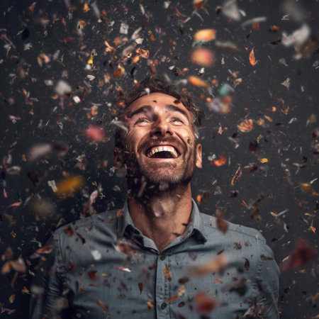 Joyful man laughing on the background of festive confettiの素材