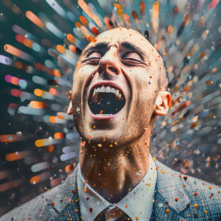 Joyful man laughing on the background of festive confettiの素材