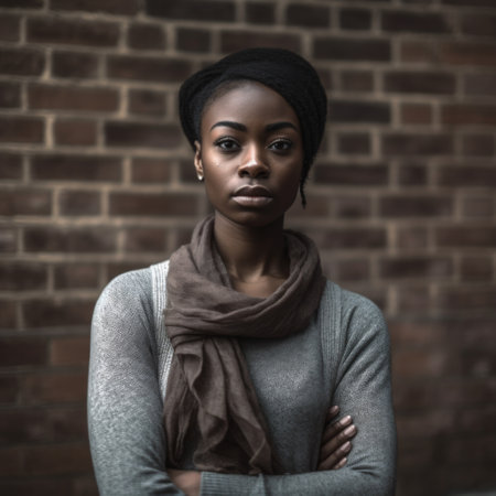 portrait of african american woman near gray wallの素材