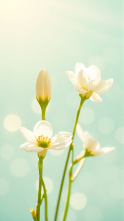 Delicate spring flowers in backlit sunlight, blurred backgroundの素材