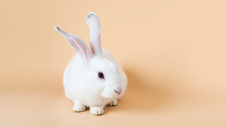 Cute white bunny on isolated peach background colorsの素材